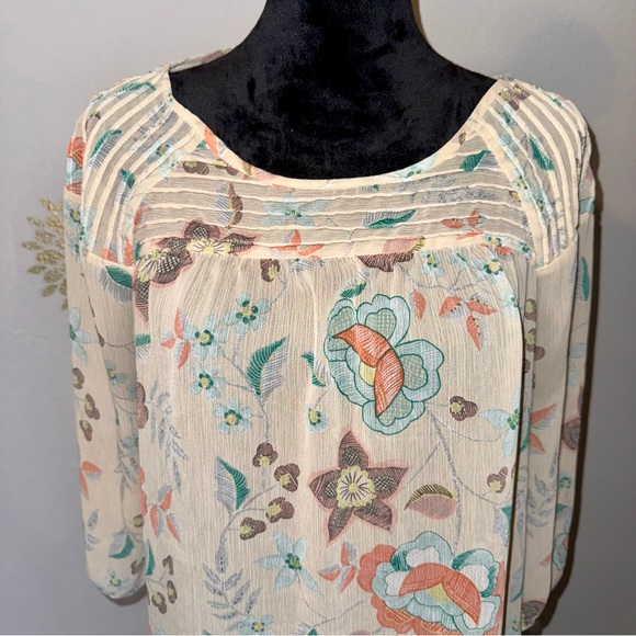 Lauren Conrad Women’s Sheer Beige Orange Green Gray Floral Blouse Shirt BOHO - Picture 1 of 13